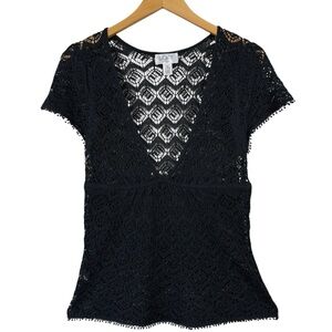 LOFT Black Crochet Knit V-Neck Top Boho Chic Semi-Sheer Festival Blouse M MP